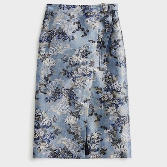 NWT J. Crew Collection Blue Wrap Pencil Skirt Floral Jacquard - Picture 2 of 15